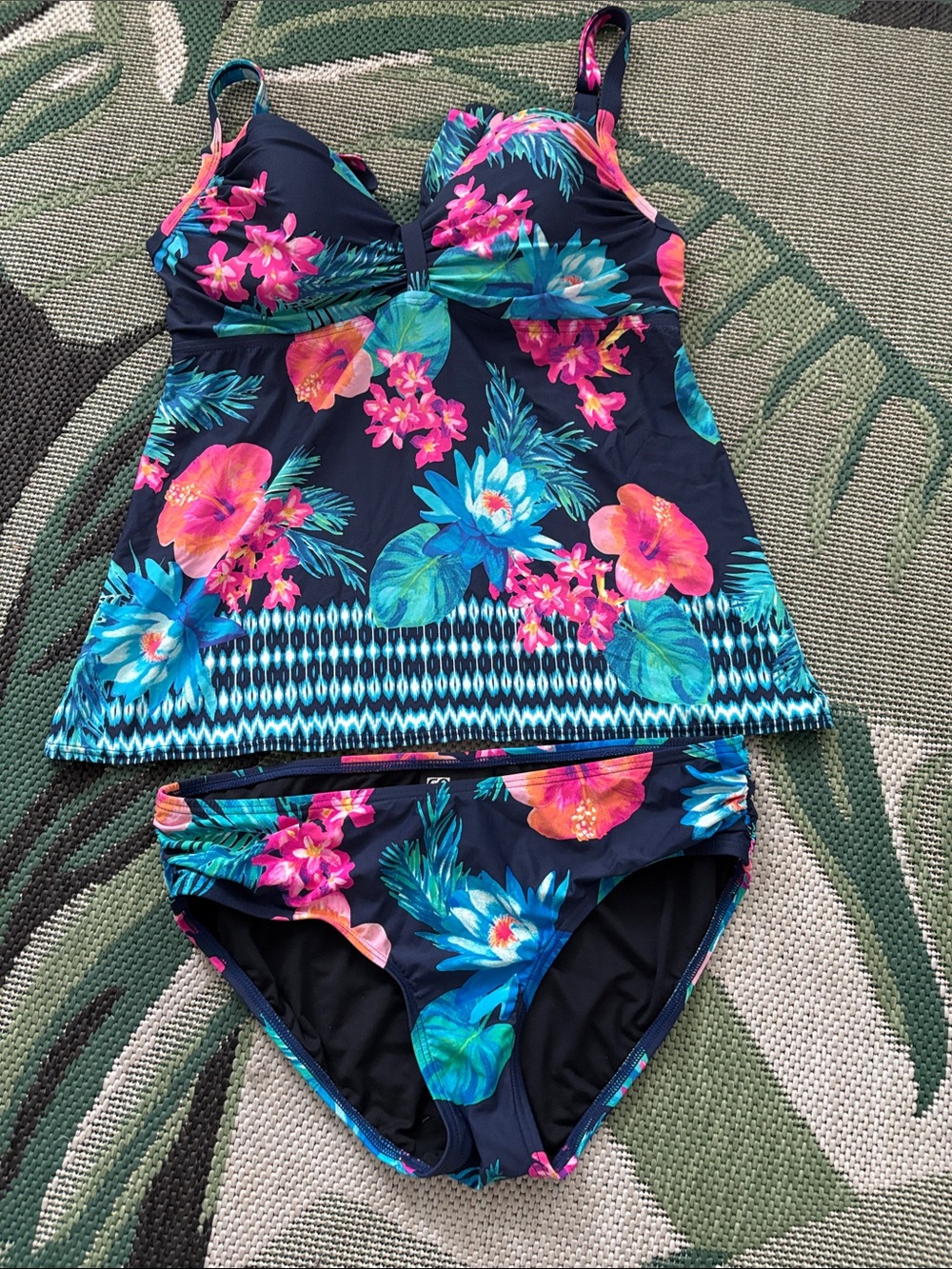 Navy Floral Tankini Swim Set with Bright Pink & Teal Blooms